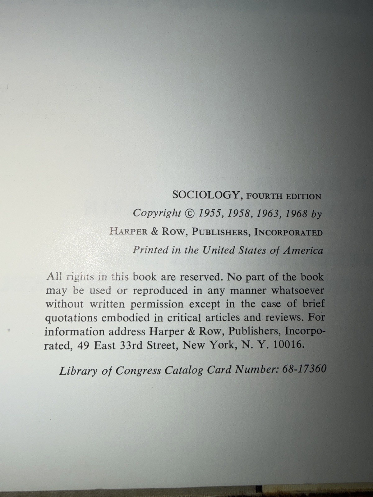 Vintage 1968 Sociology Text With Adapted Readings Fourth Edition Hardcover Book