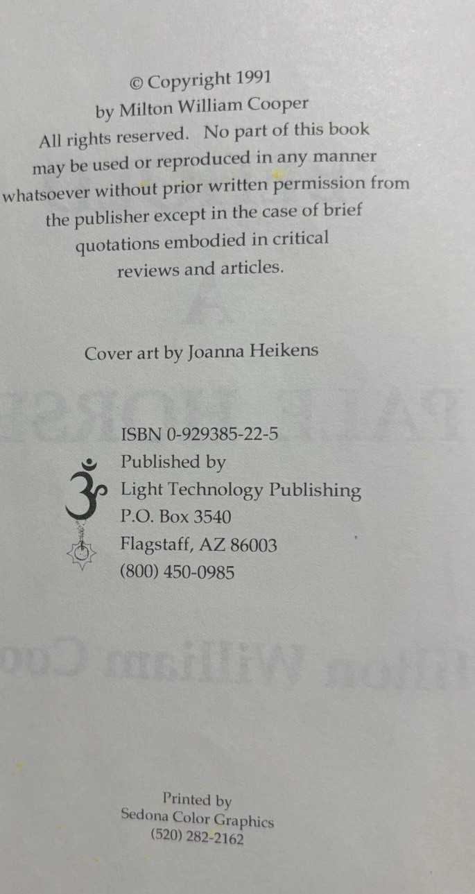 “BEHOLD A PALE HORSE” William Cooper PB – 1991 – 500 pages Conspiracy Theory