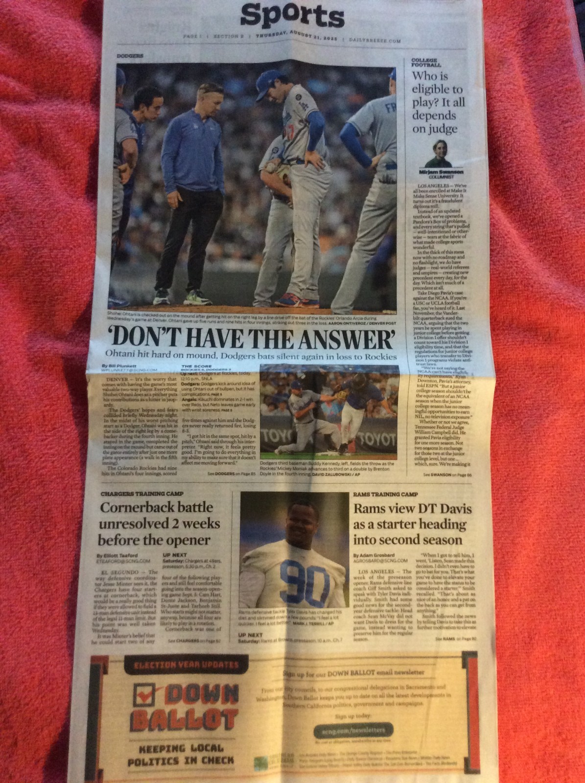 DAILY BREEZE SPORTS SECTION AUGUST 21 2025 DODGERS SHOHEI OHTANI