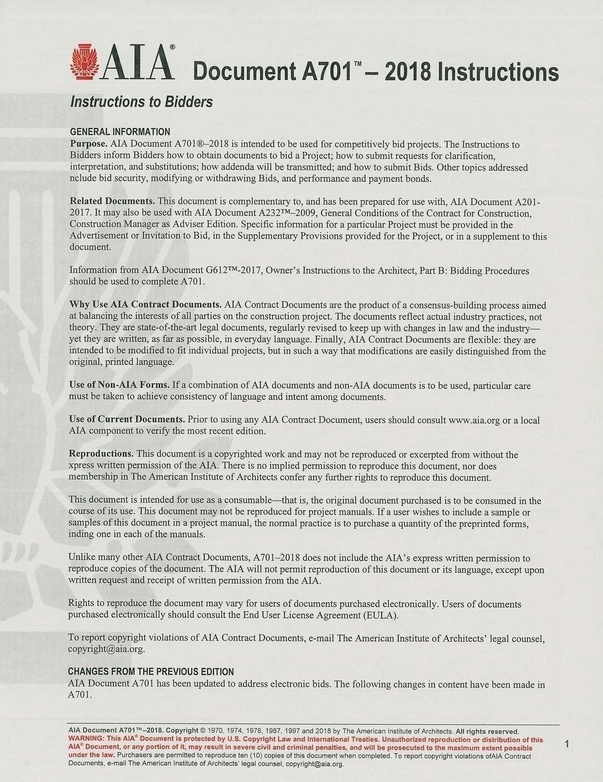 AIA Documents A701 – Only Inlcudes A701 – 2018 General Conditions