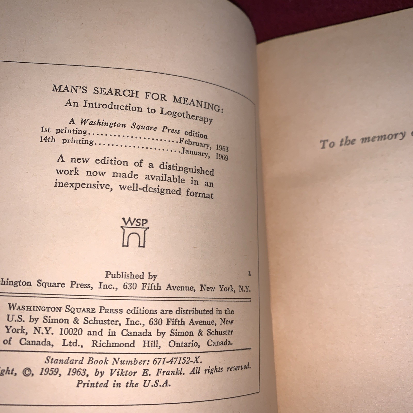 Man’s Search for Meaning Viktor E. Frankl 1969 WSP Psychology Self Help Book