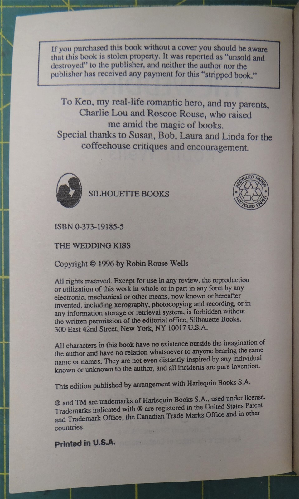 The Wedding Kiss By Robin Wells, Silhouette Romance #1185, 1996 Paperback