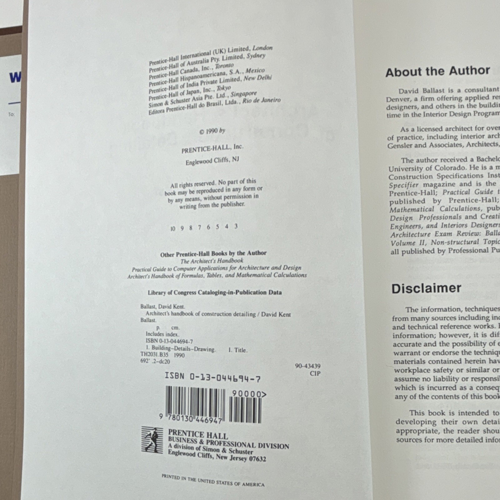 Architect’s Handbook of Construction Detailing by Ballast, Prentice Hall, Hardc…