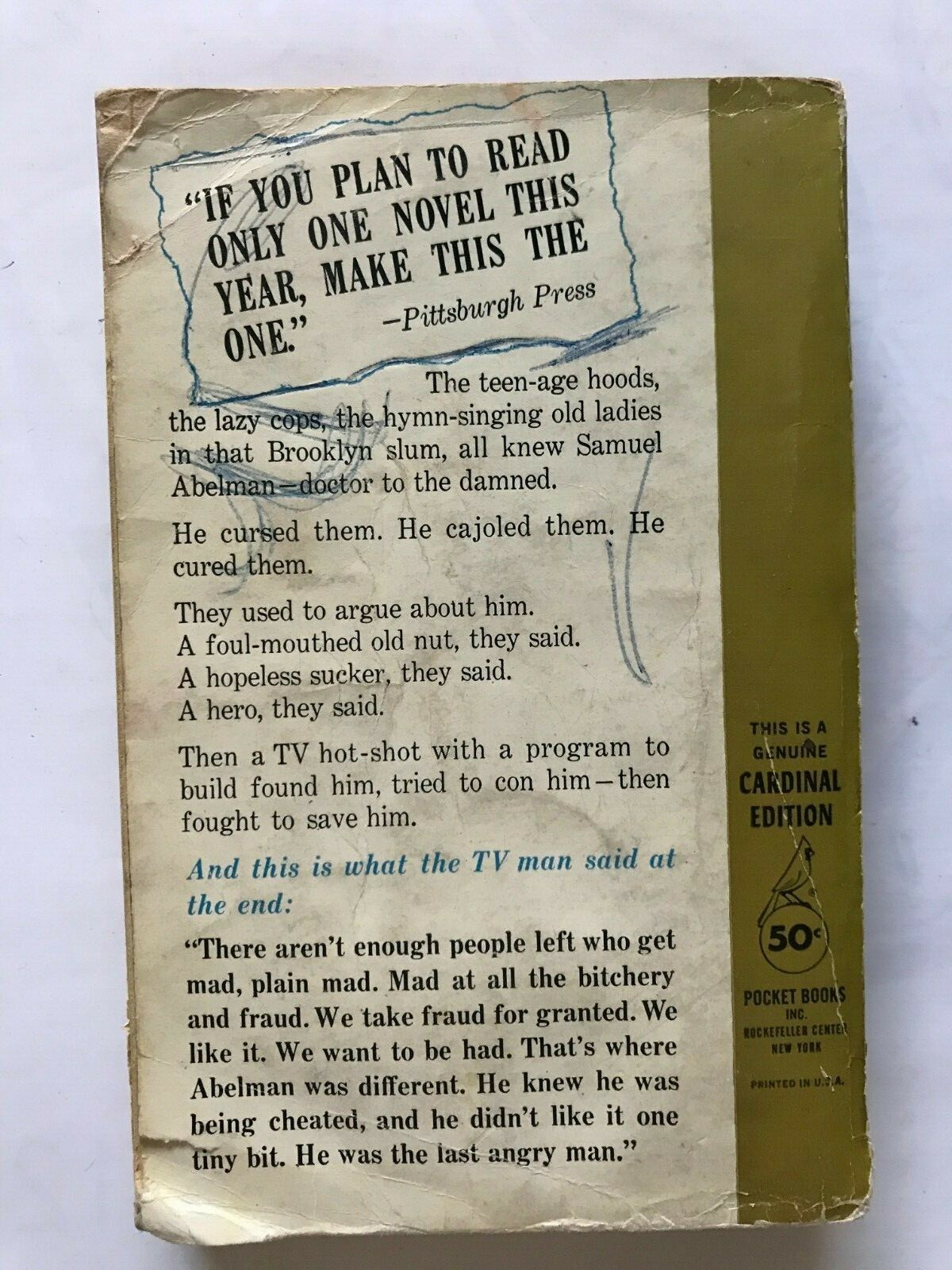 The Last Angry Man By Gerald Green paperback 594 pages, 3rd Print published by P