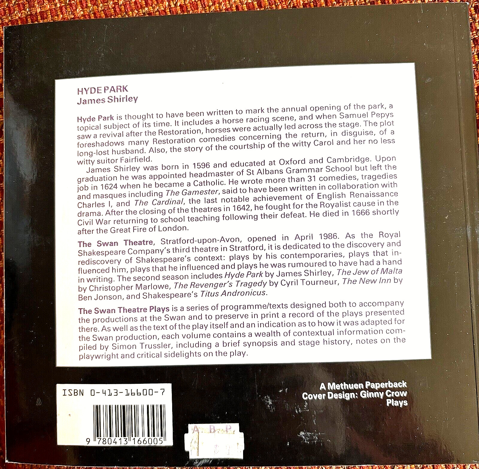 HYDE PARK (RSC SWAN THEATRE PLAYS) By James Shirley — New, Unread Copy of Play