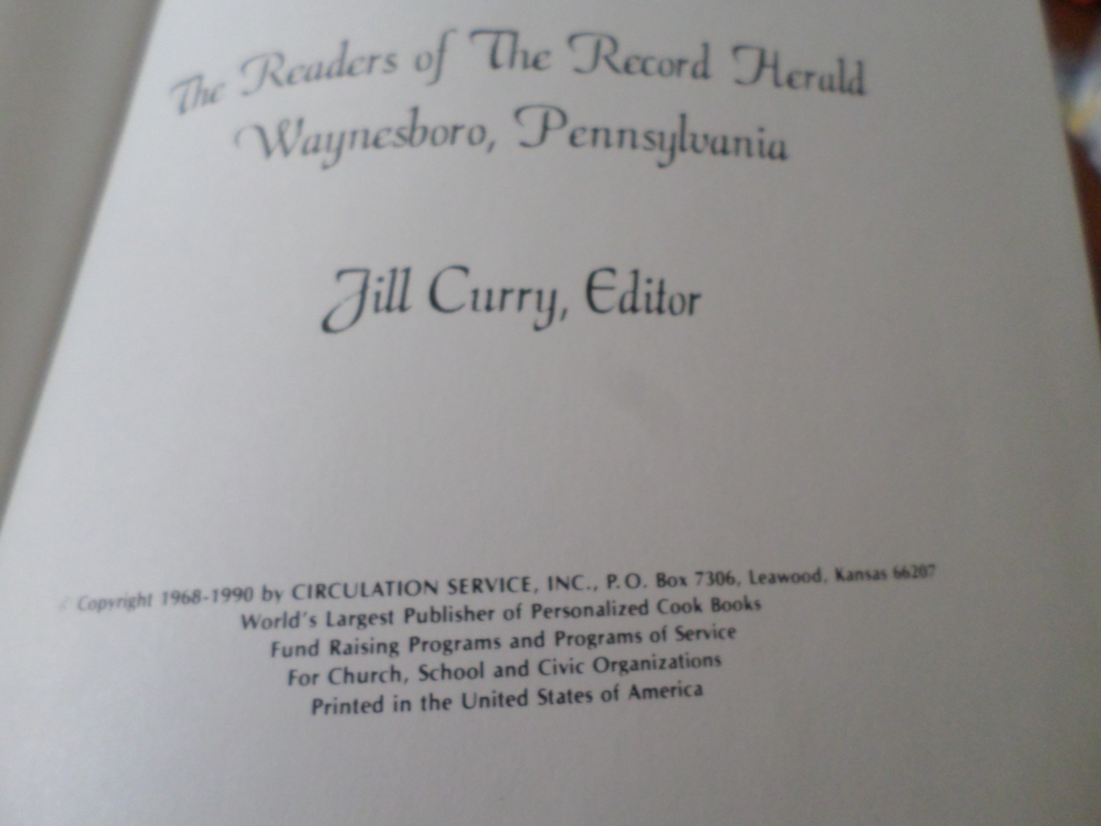 The RECORD HERALD Newspaper WAYNESBORO PA PENNSYLVANIA HC Cookbook 400+ Pages