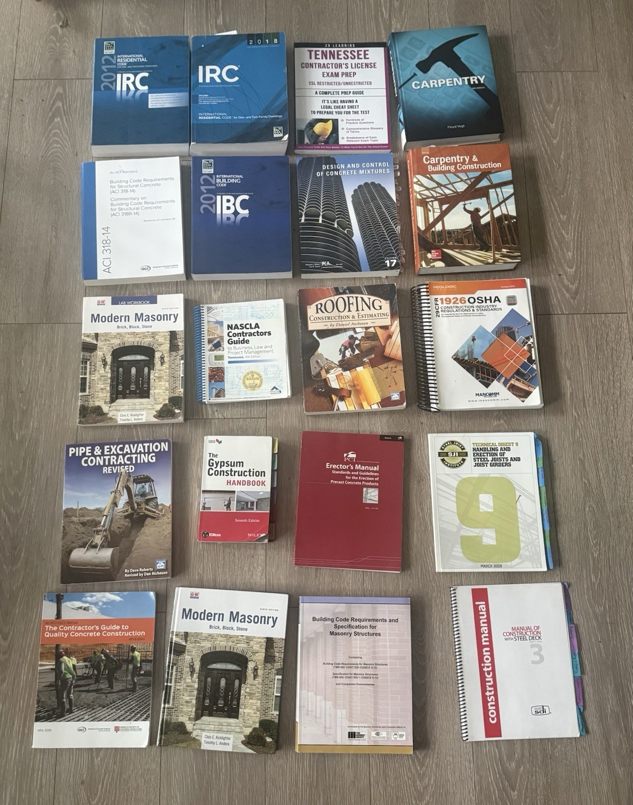 ICC IBC IRC NASCLA Construction Book Lot OSHA ACI Carpentery Masonry Contractor