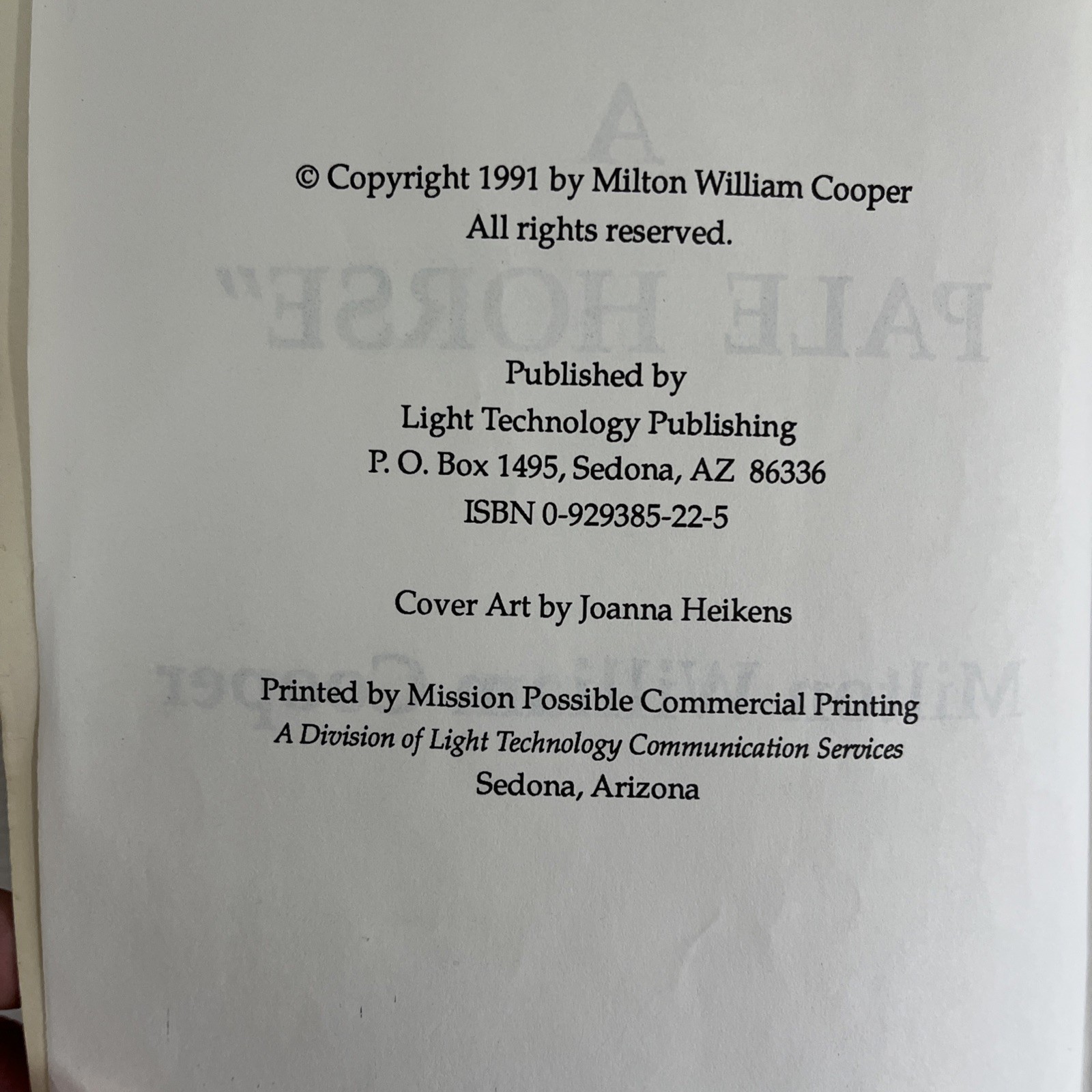 Behold a Pale Horse Paperback 1991 534 Pages By Milton William Cooper W/ Trifold
