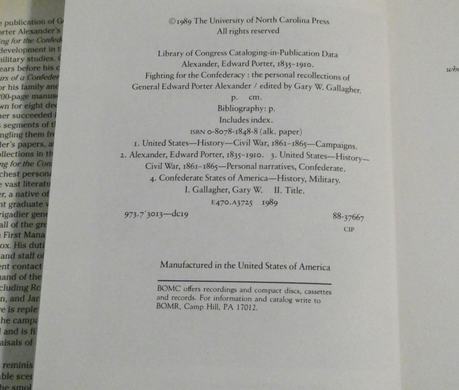 Fighting for Confederacy Gen Edward Porter Alexander Recollections HC DJ Book