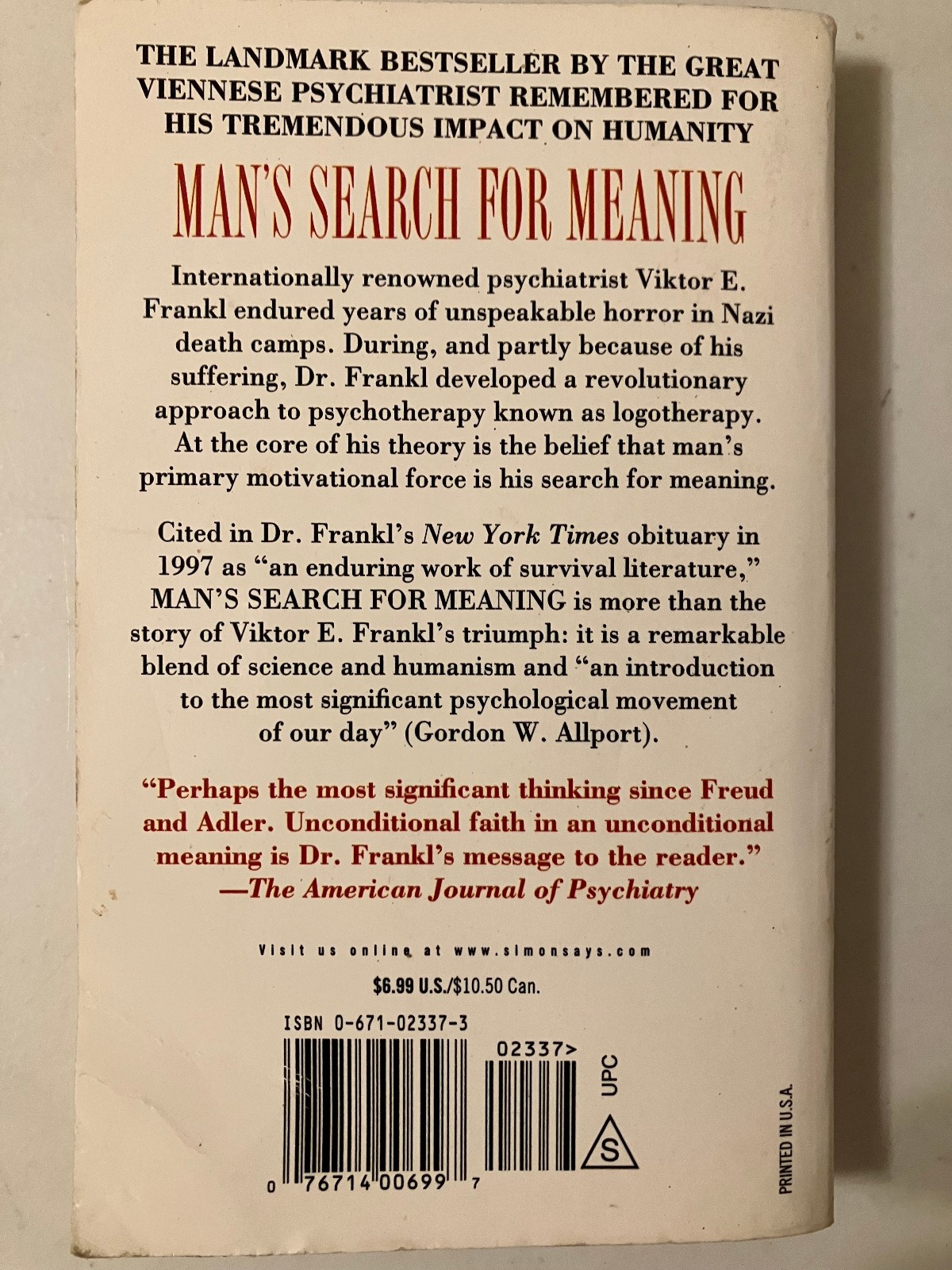Man’s Search for Meaning by Viktor E. Frankl Revised and Updated 1984 Written In