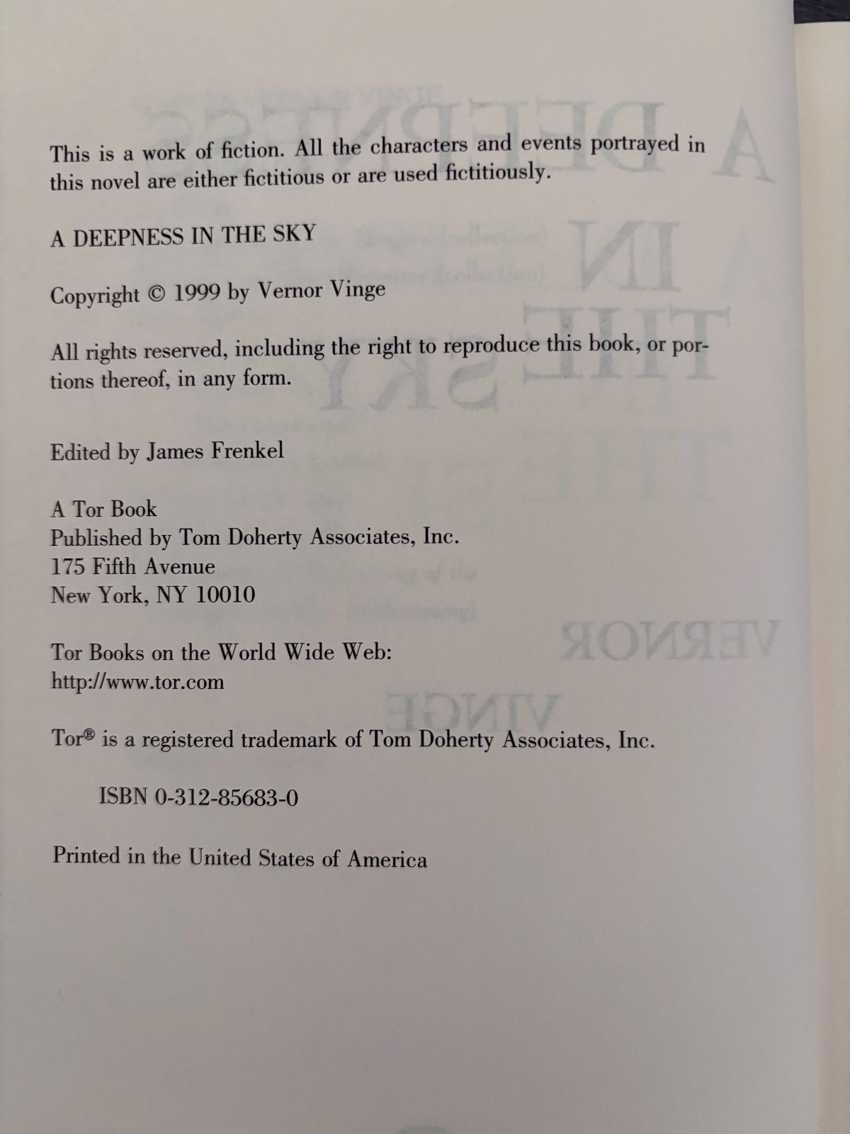 Vernor Vinge Deepness In The Sky Hardcover (Zones #2) Hugo Winner – VERY GOOD