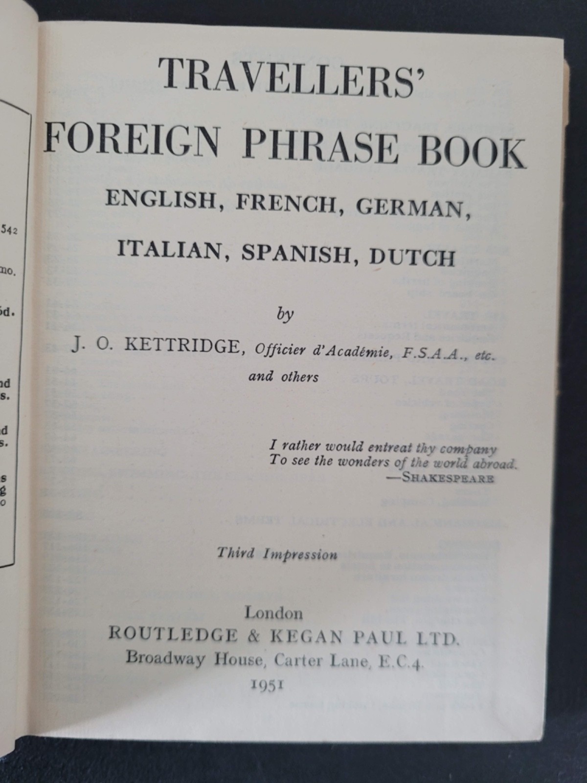 TRAVELLERS’ FOREIGN PHRASE BOOK HARDCOVER 1951 Julius O. Kettridge 272 Pages