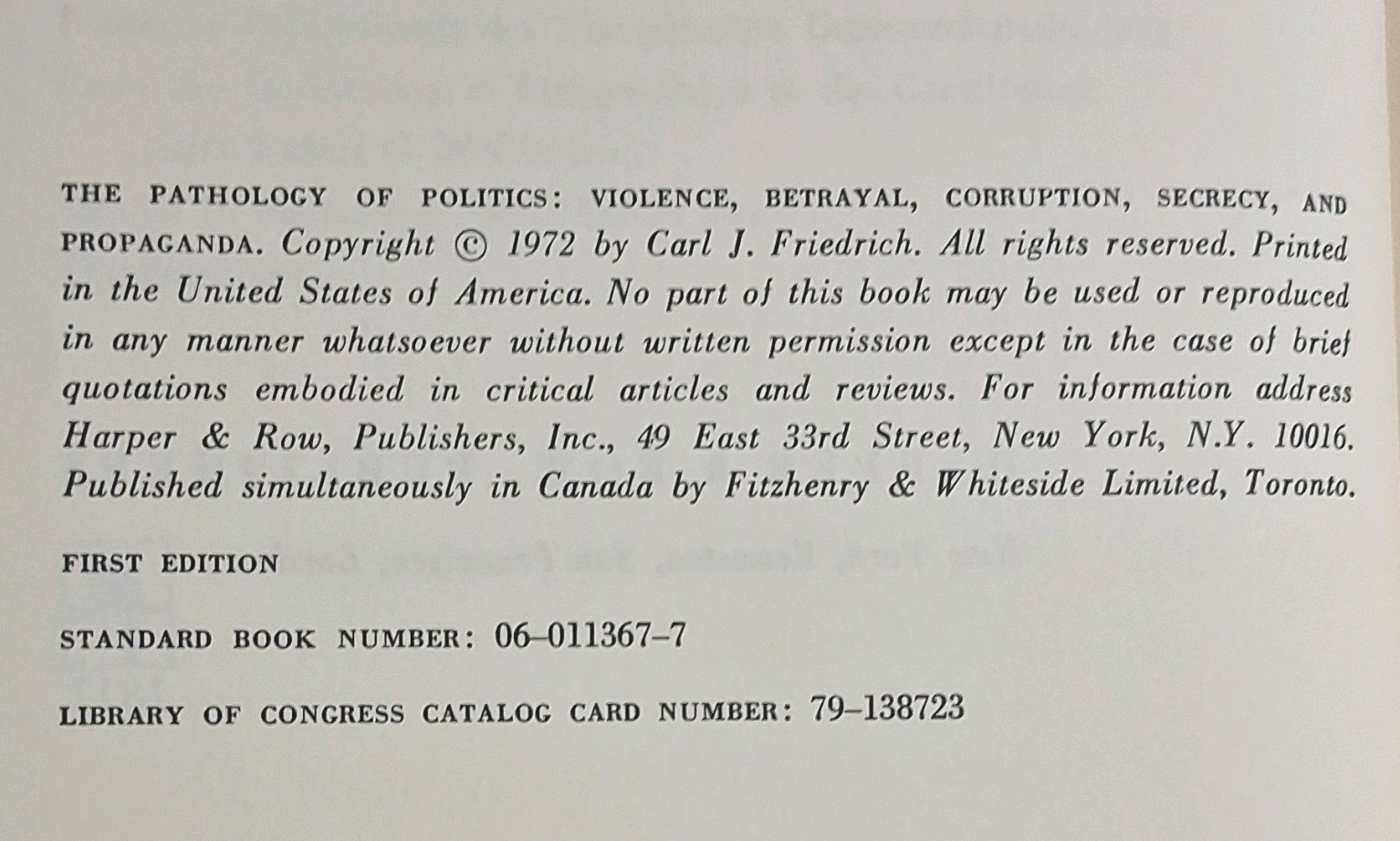 Harper & Row The Pathology of Politics Carl J Friedrich 1st Ed 1972 Hardcover DJ