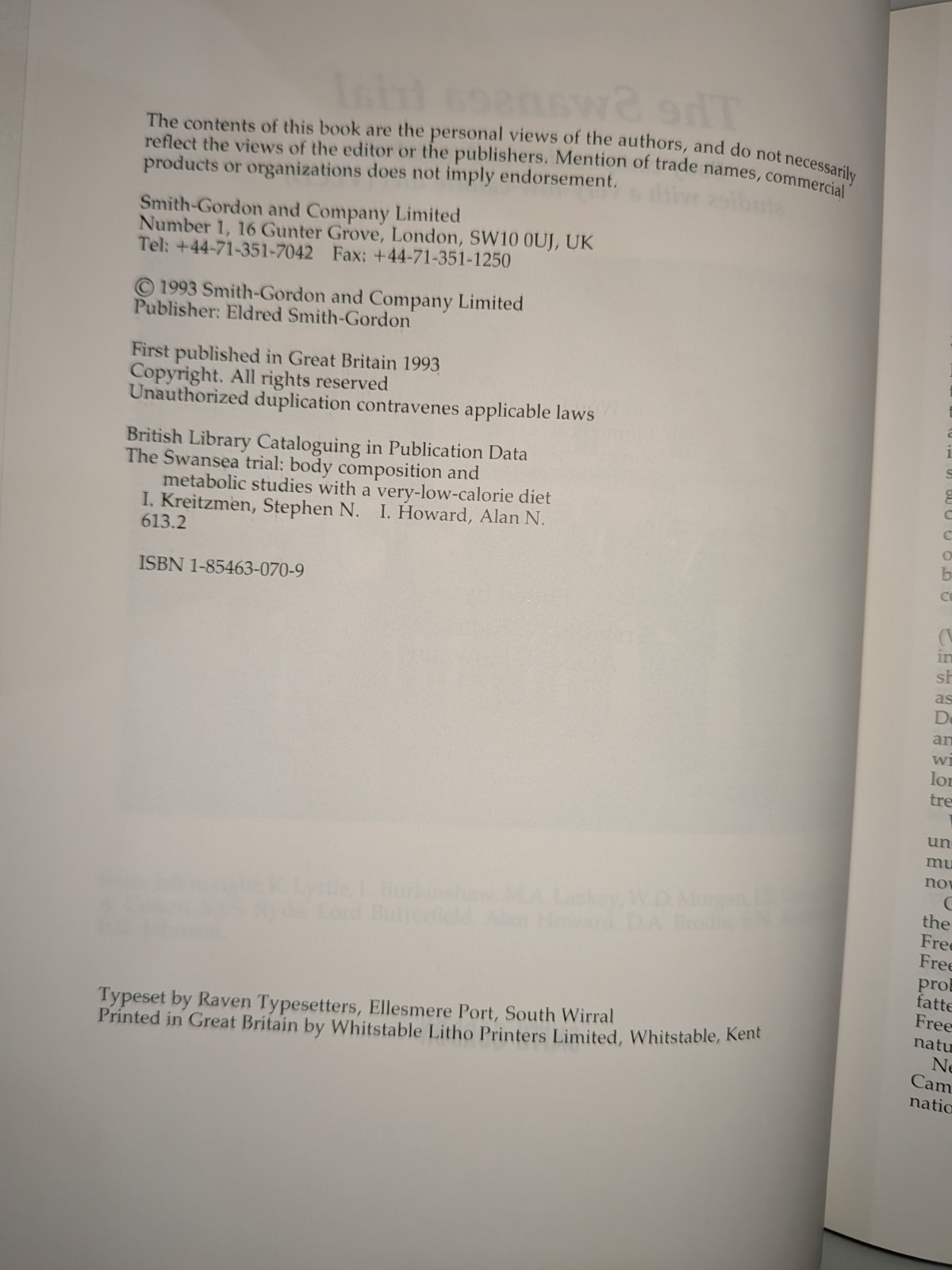 The Swansea Trial – Kreitzman & Howard | 1993 | Hardcover, VLCD, Medical Diet