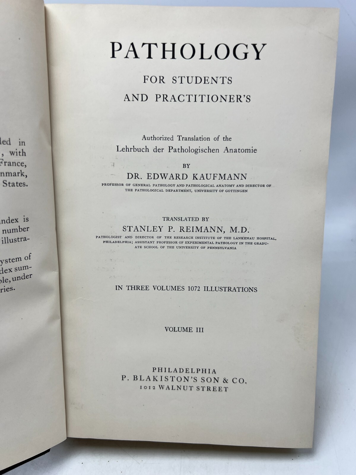 Pathology for Students and Practitioner’s Volumes I, II, III by Kaufmann (1929,H