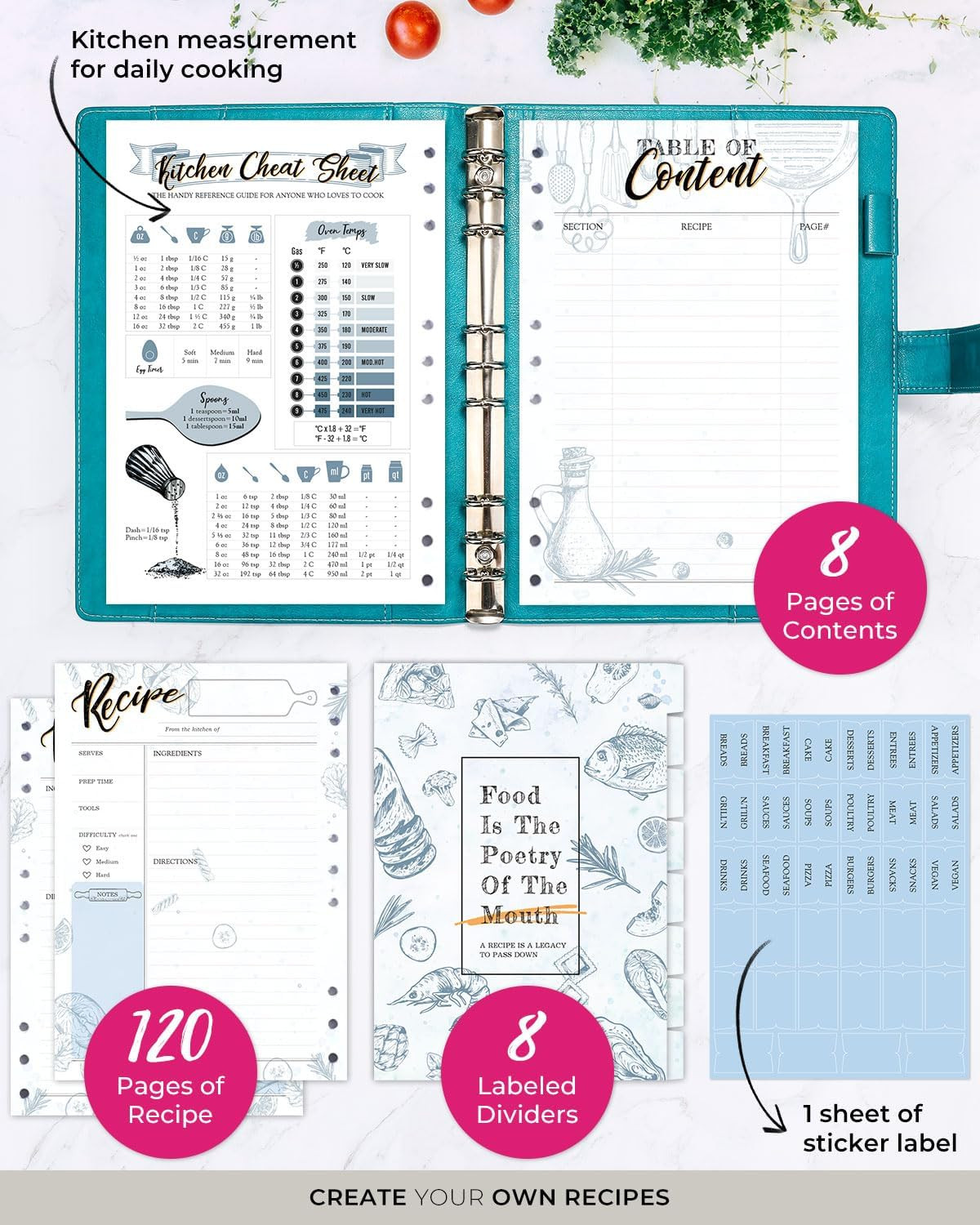 Recipe Book ，Blank Recipe Book to Write in Your Own Recipes，Recipe Notebook for