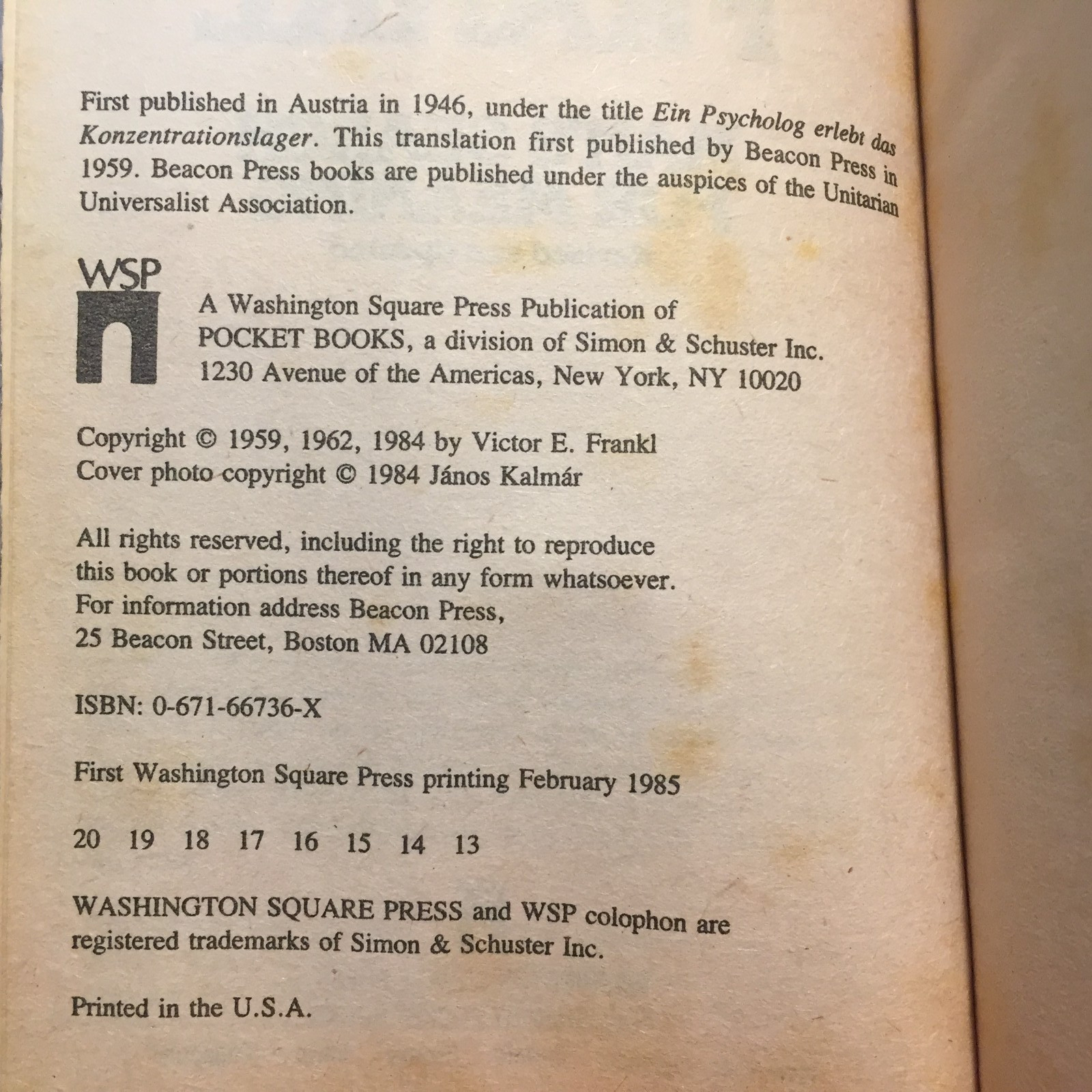 Man’s Search For Meaning Viktor E. Frankl 1985 Washington Square Press Jewish