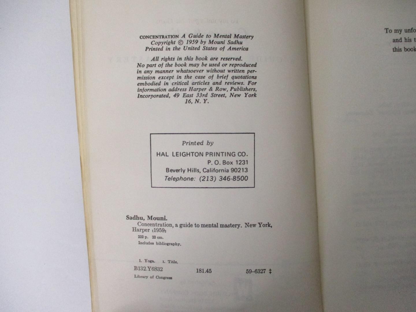 CONCENTRATION; A Guide To Mental Mastery by Mouni Sadhu (1972 P.B Book) Wilshire
