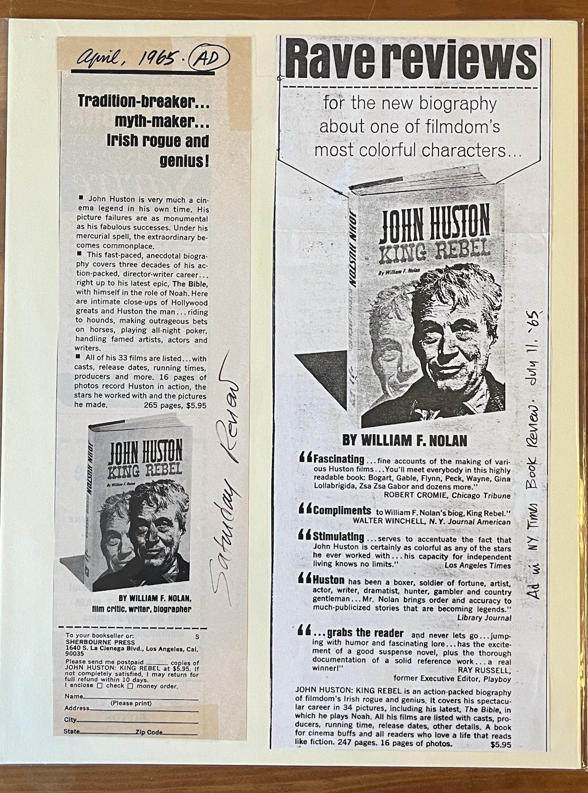 John Huston: King Rebel ~ Original Long Galleys + Reviews ~ 1963 ~ Signed
