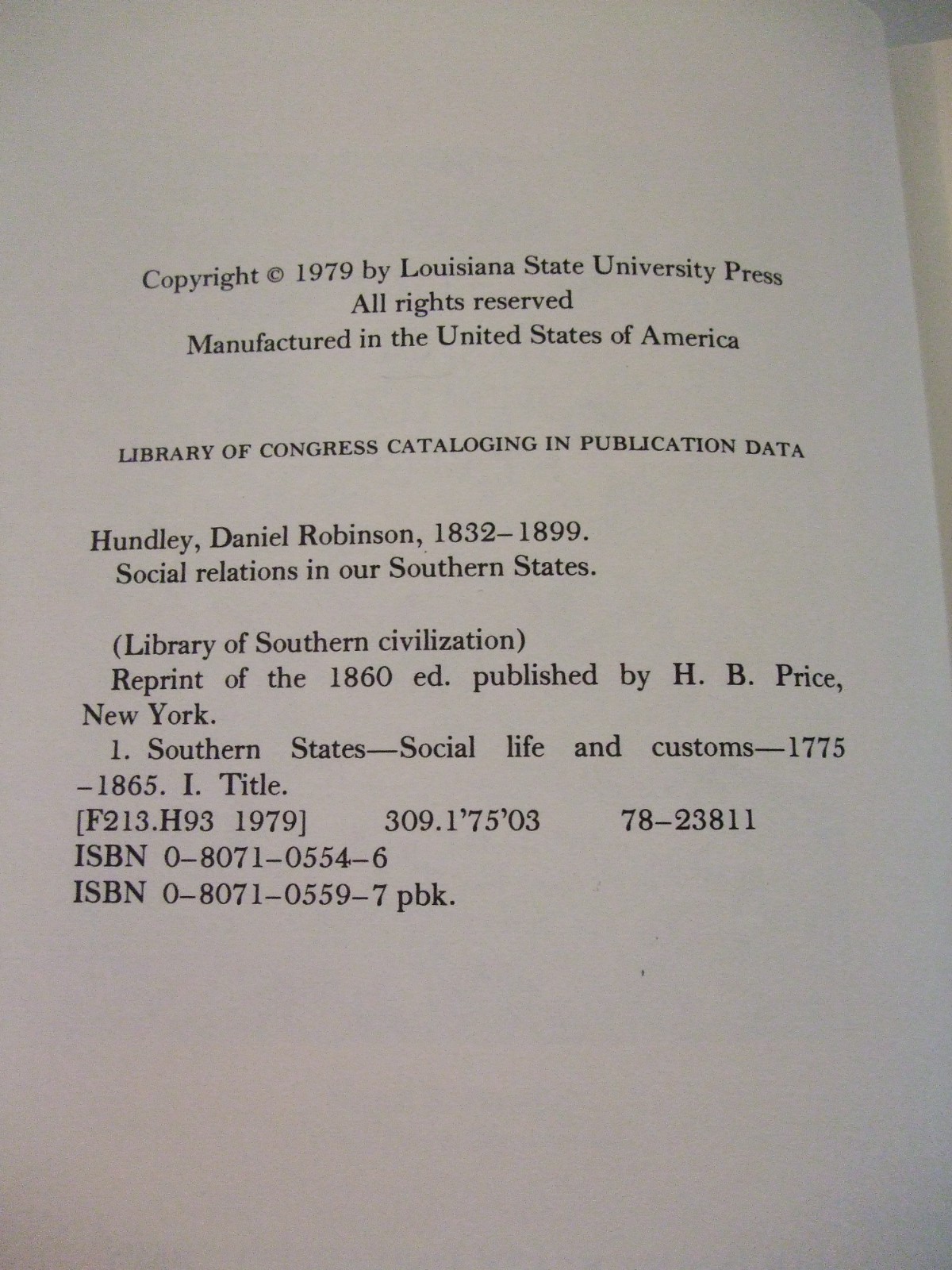 Social Relations in Our Southern States by Daniel Hundley, 1979