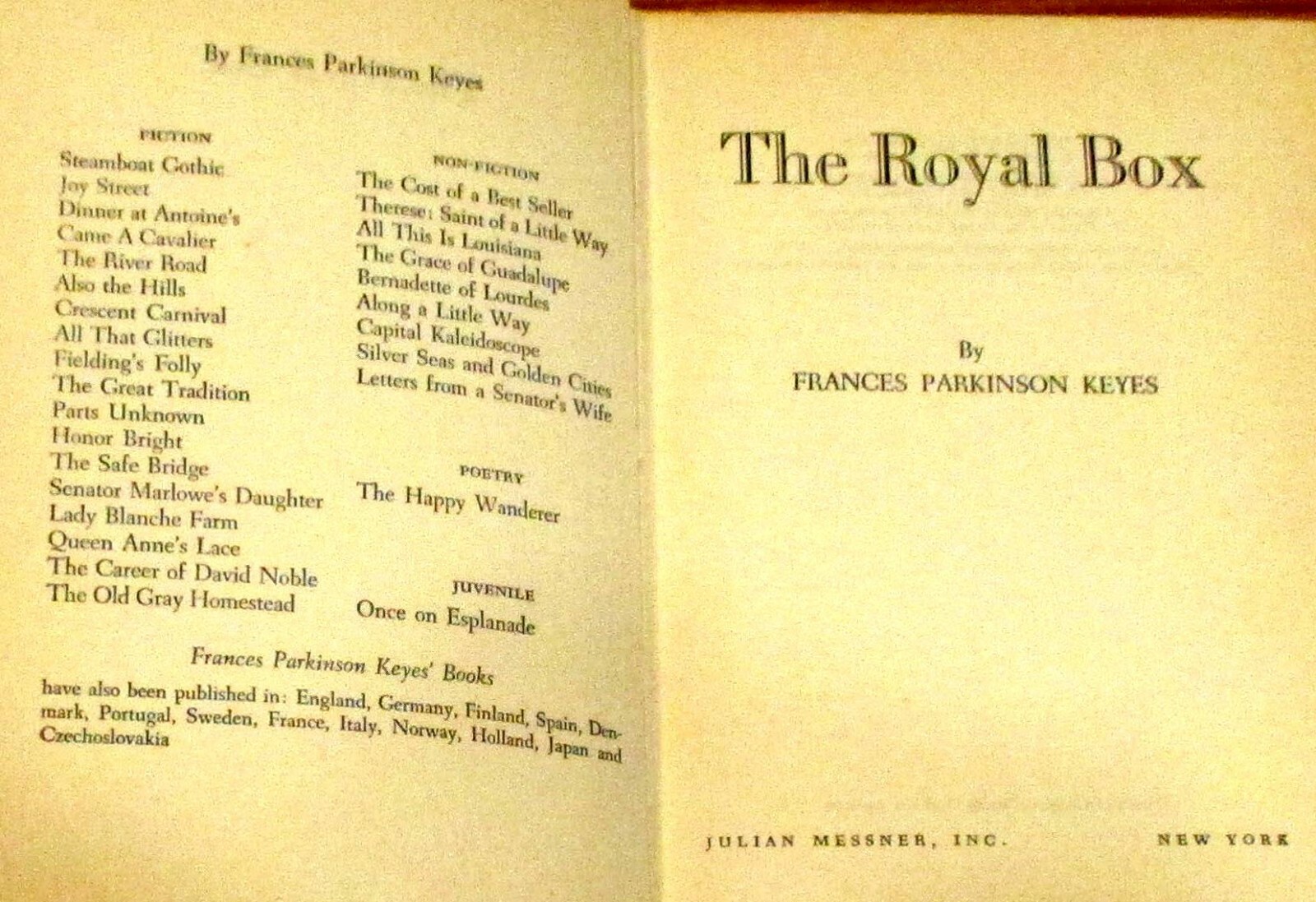 The Royal Box by Frances Parkinson Keyes 1954 H/C 367 Pages