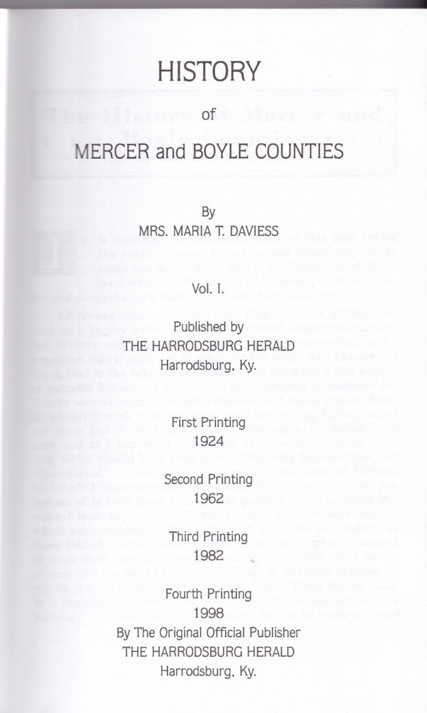 History of Mercer and Boyle Counties (PB, 1998, 176 pages) by Maria T. Daviess
