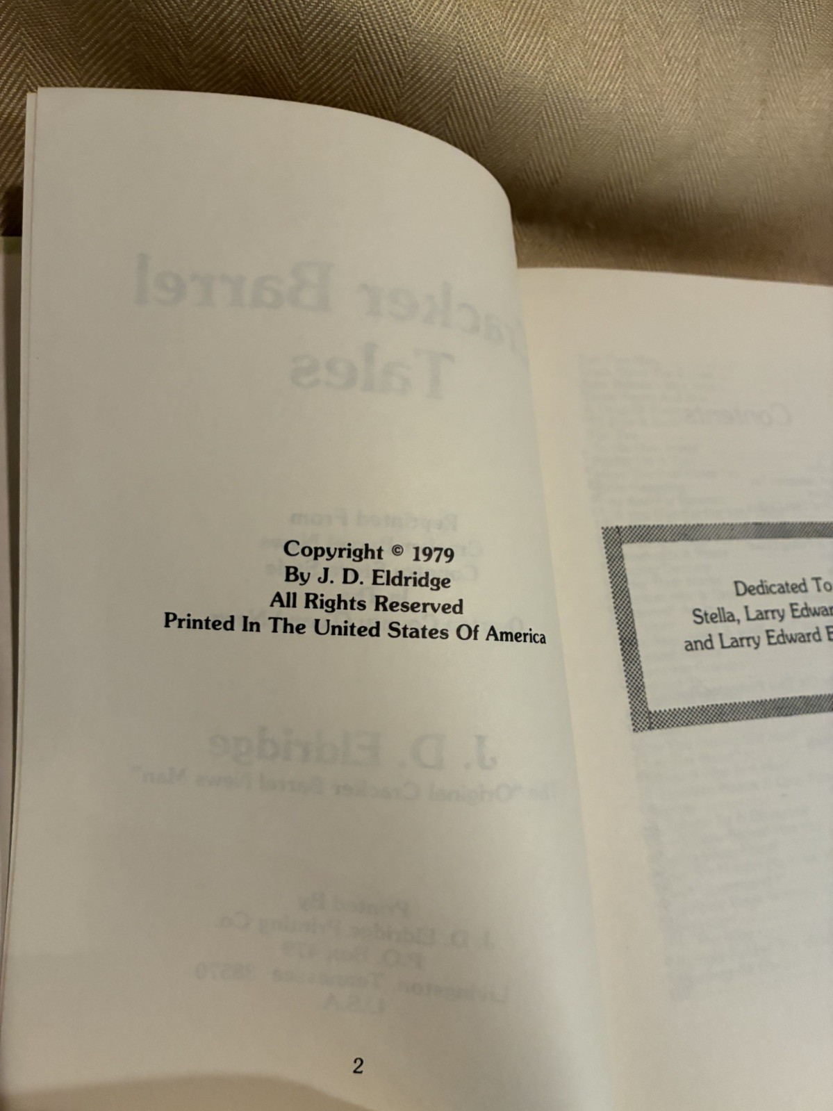 Book Cracker Barrel Tales by J. D. Eldridge signed by Author, 256 pages, 1979