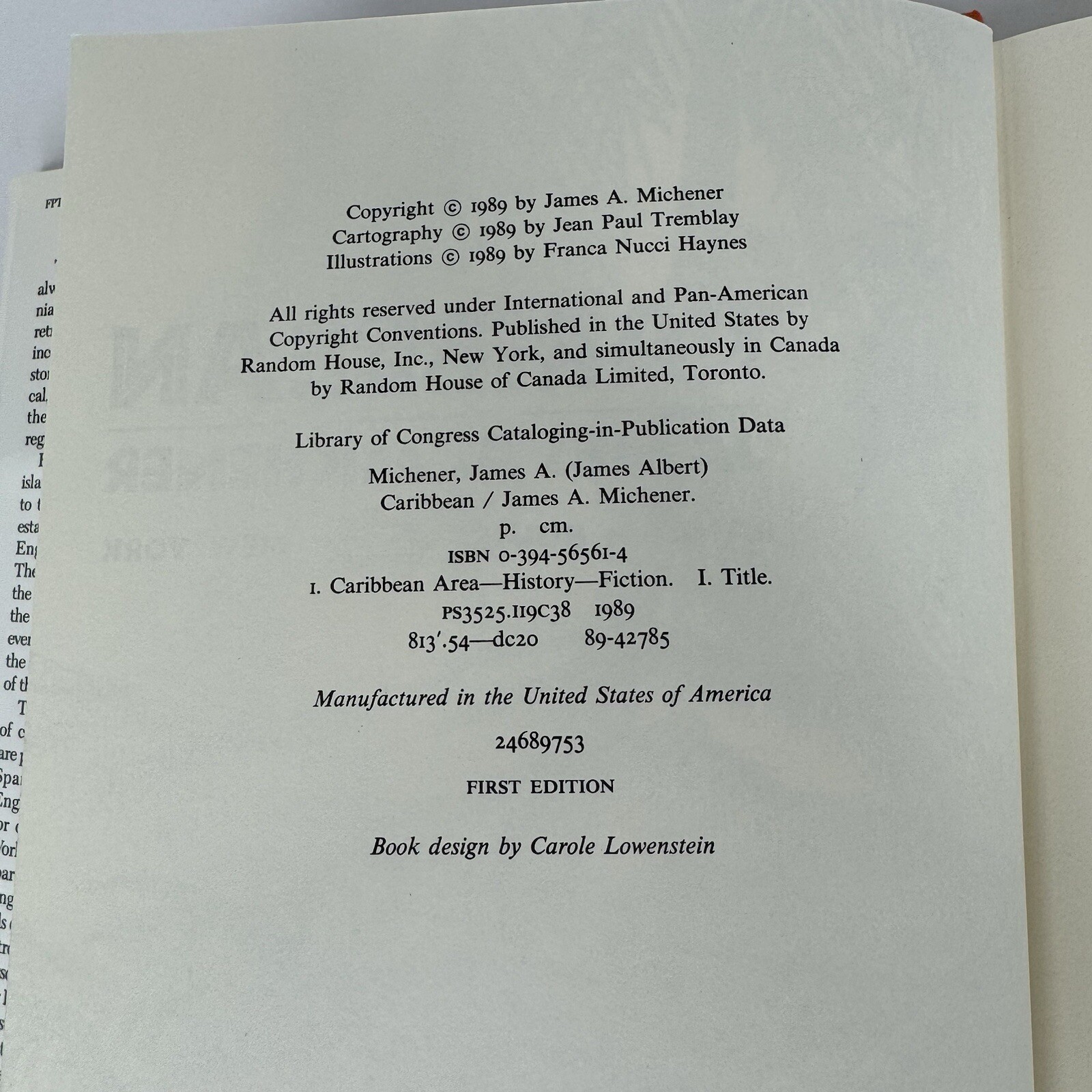 Carribean a Novel by James A. Michener 1st Edition Hard Cover with Dust Jacket