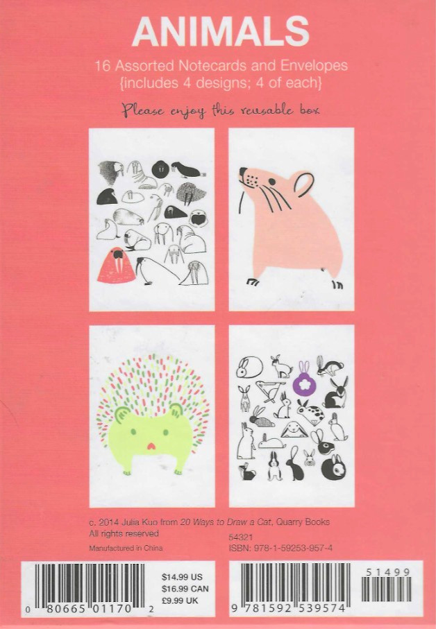 Animals, 16 Notecards 4 designs, NEW 4.5×6.5 in Box Contemporary Art , Julie Kuo