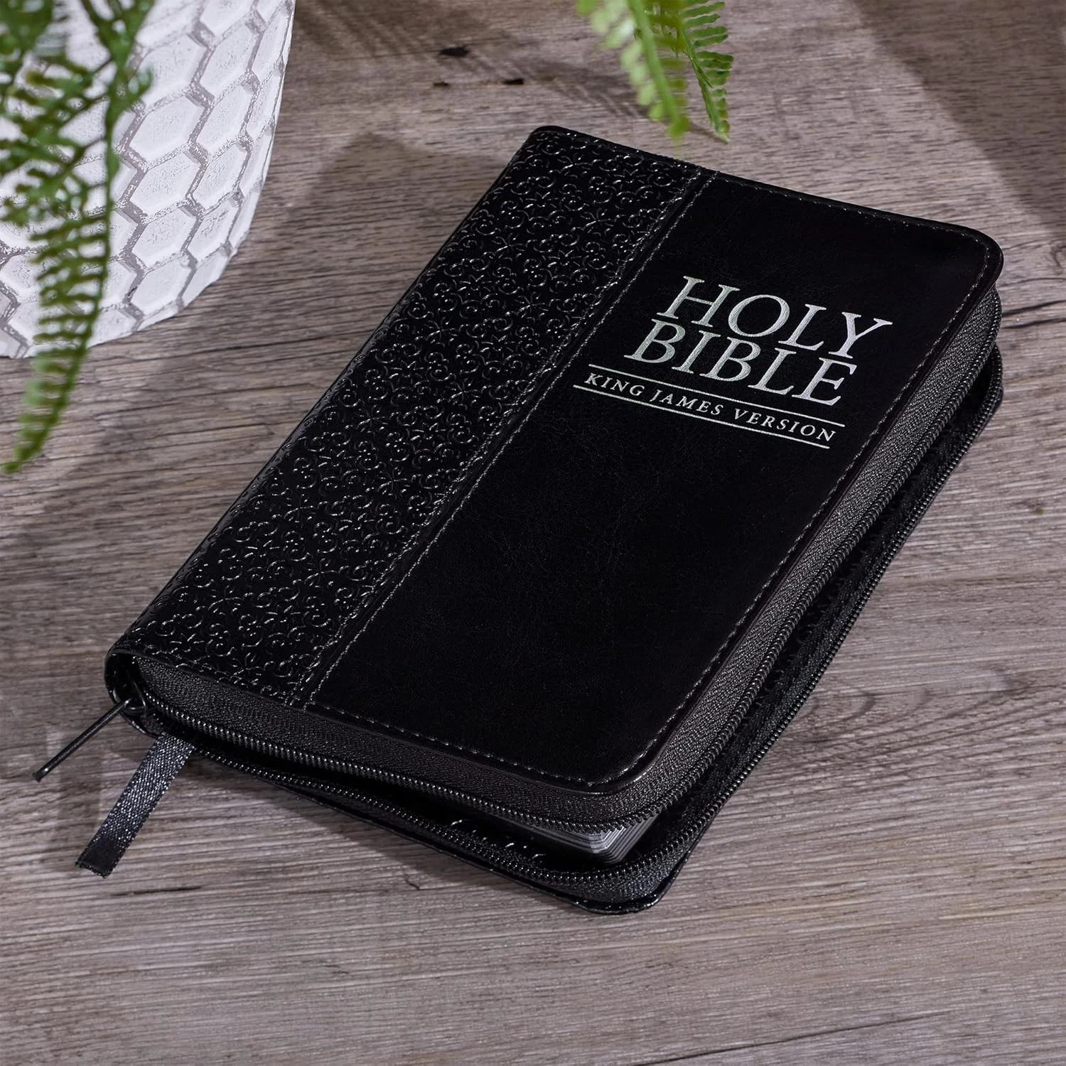 KJV Holy Bible,Mini Pocket Bible–Zippered Black Faux Leather Bible w/Ribbon Ma..
