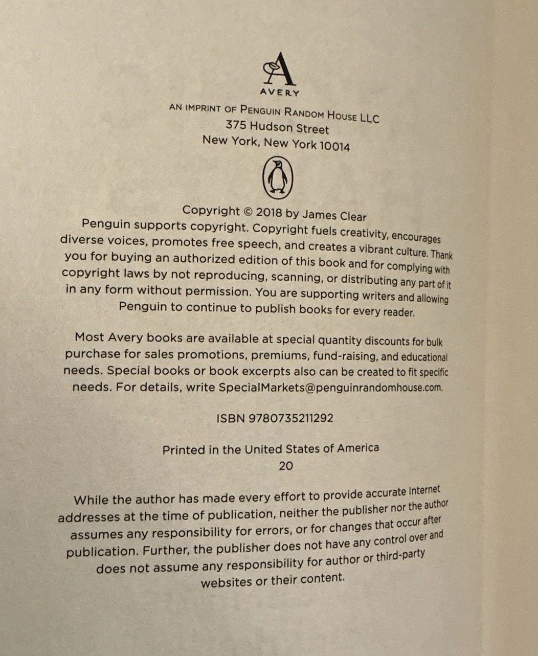 Atomic Habits by James Clear 2018 HC/DJ Avery Publishing 1st Edition
