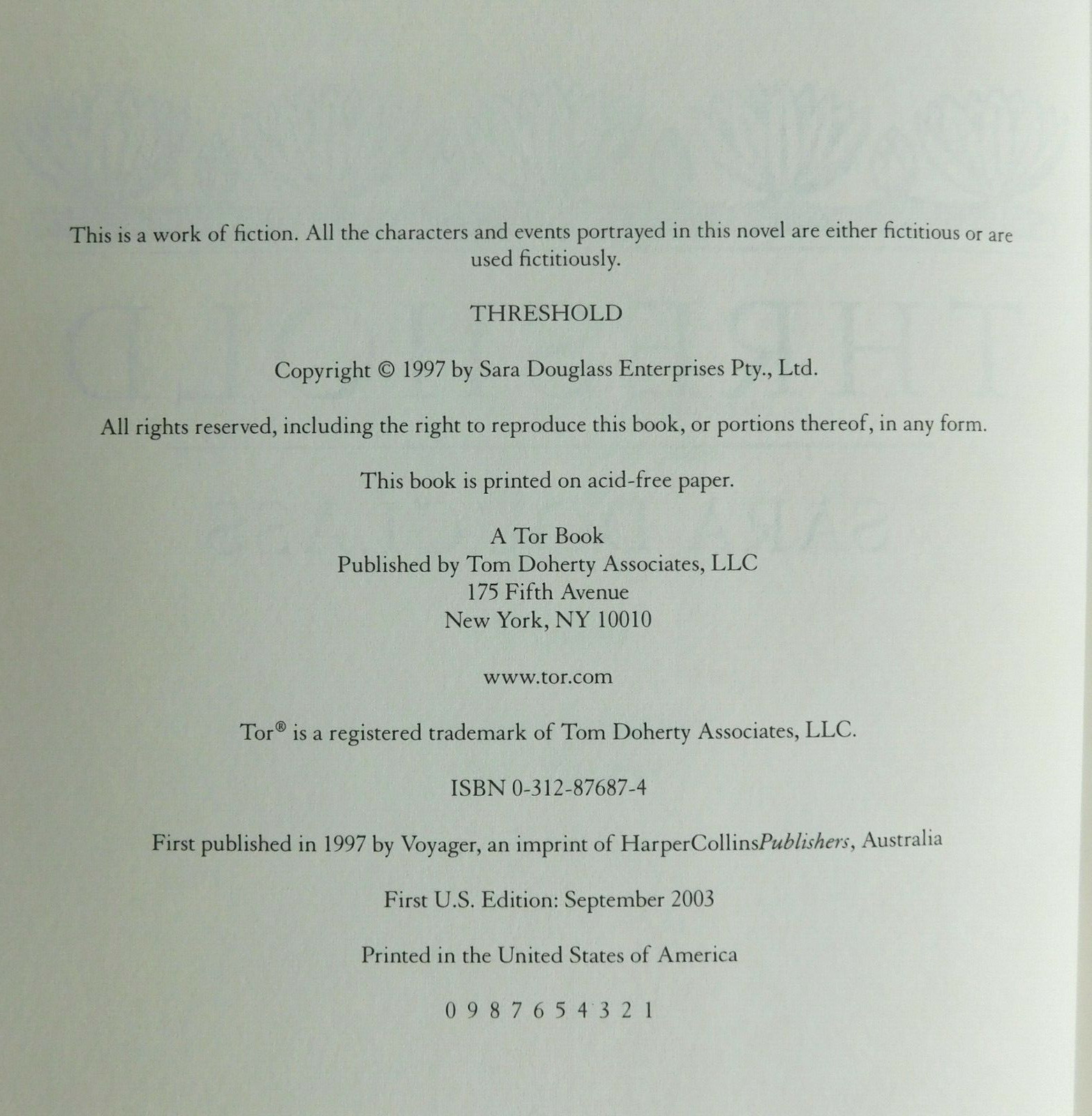 THRESHOLD True 1st ed SARA DOUGLASS  1997 Hardcover HCDJ unread 448 pages