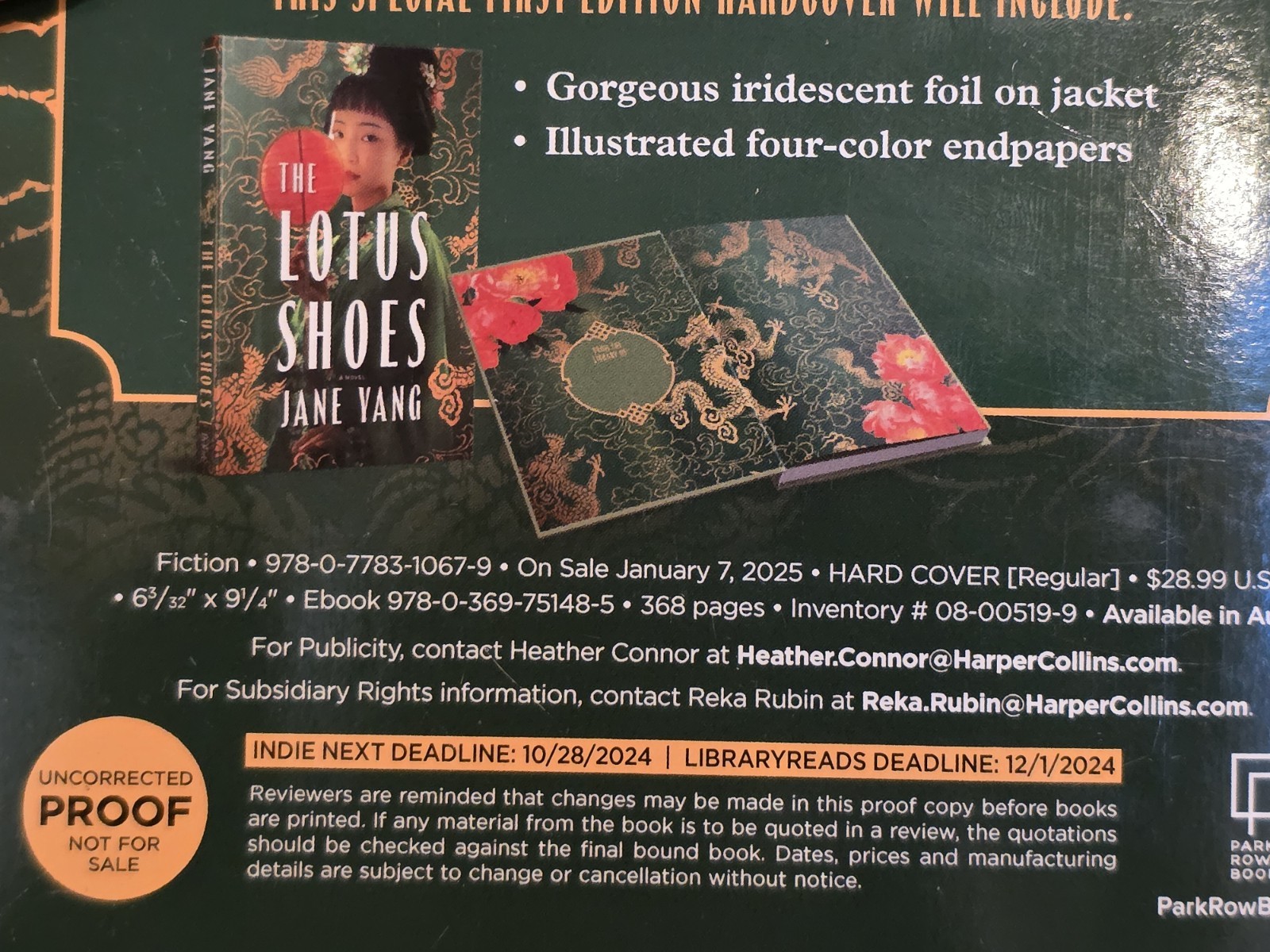 The Lotus Shoes Book Jane Yang Uncorrected Proof Historical 2024 Print Very Good