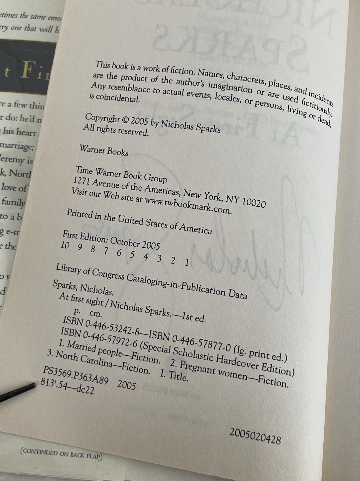 SIGNED Nicholas Sparks At First Sight First Edition First Printing October 2005