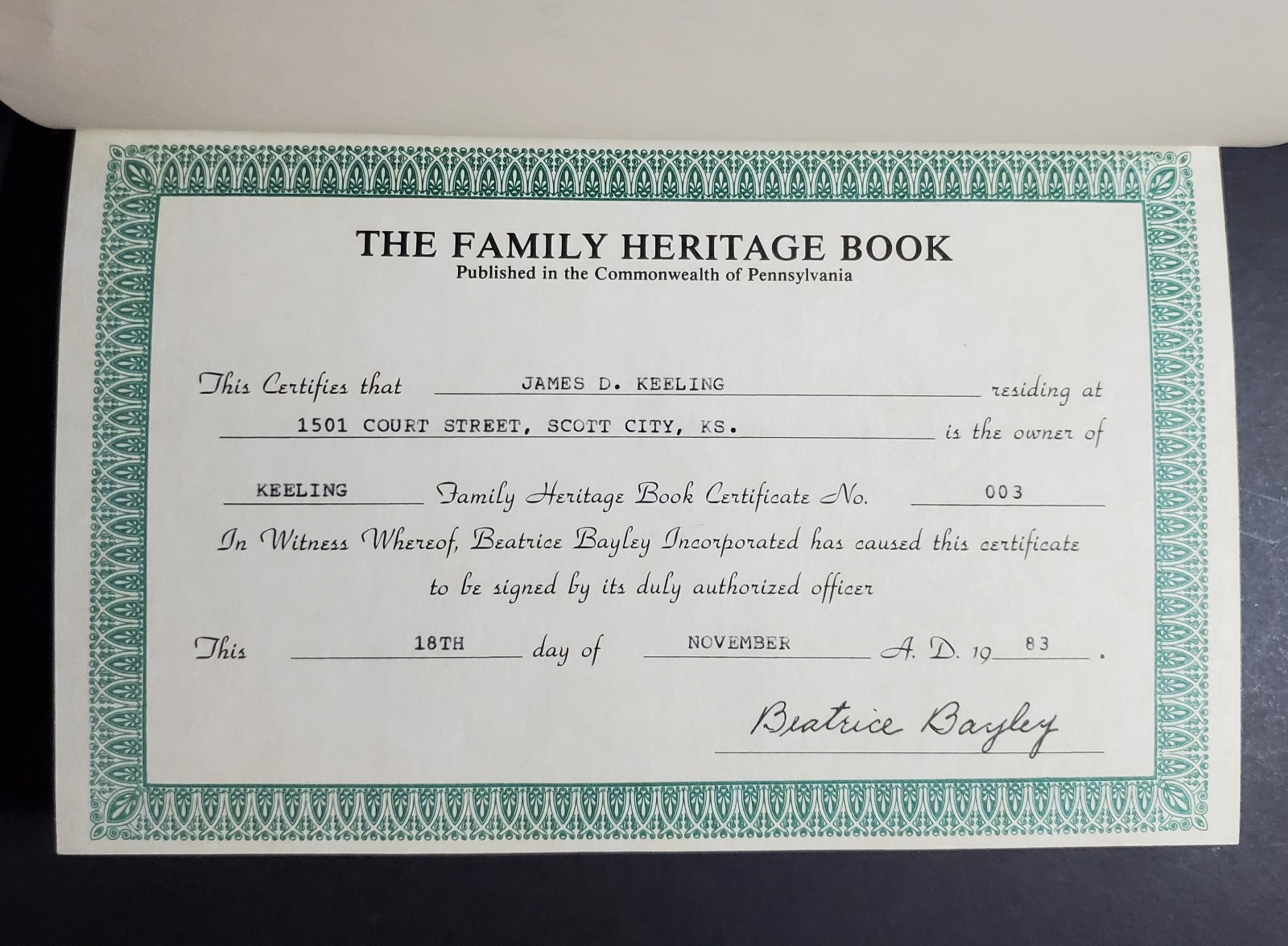 Beatrice Bayley Genealogy Hardcover–The Keeling Family Heritage Book (1983)
