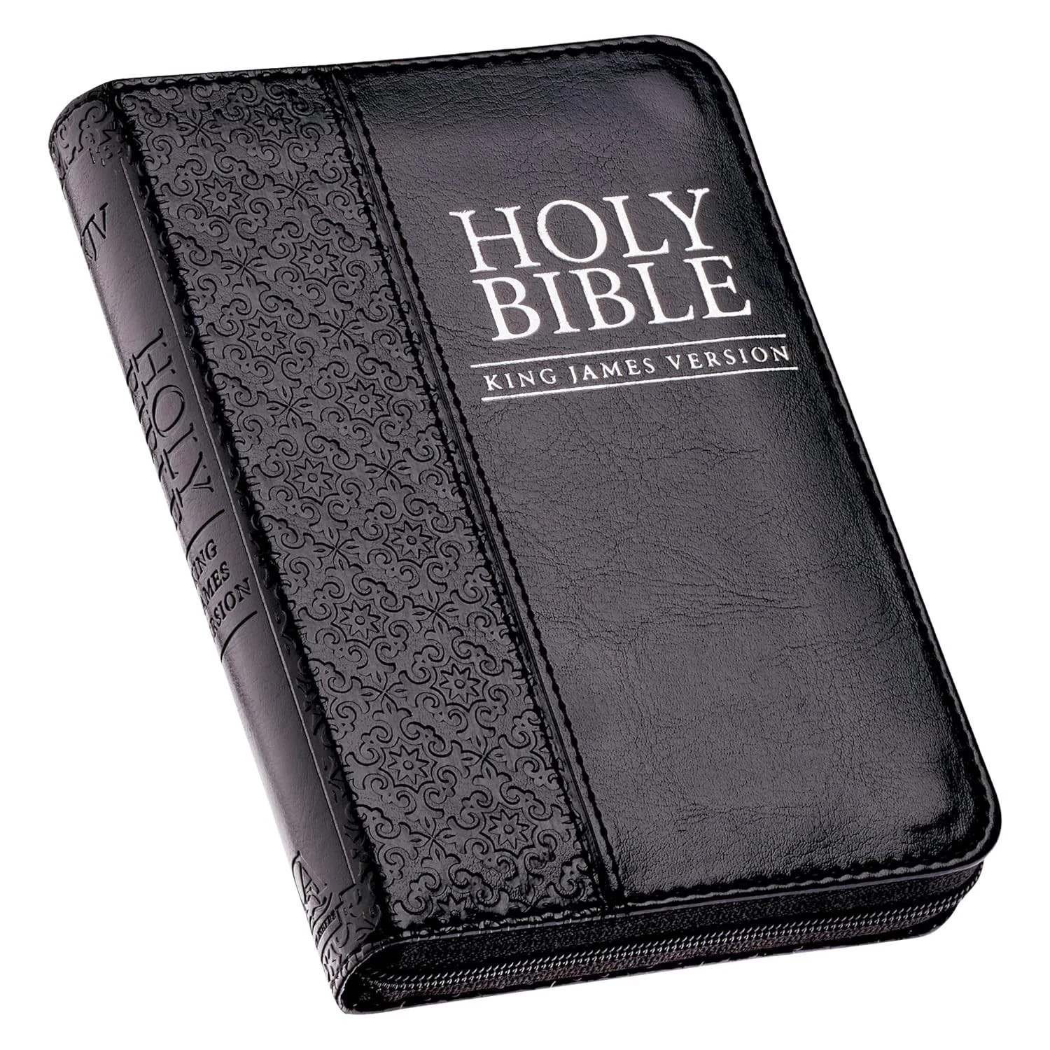 KJV Holy Bible,Mini Pocket Bible–Zippered Black Faux Leather Bible w/Ribbon Ma..