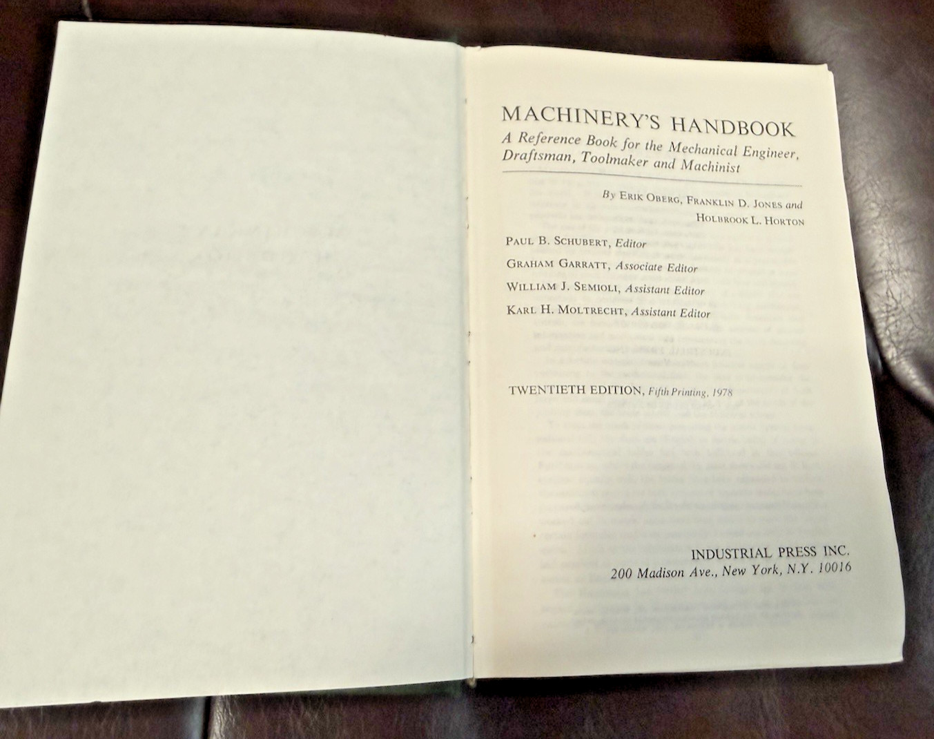 Machinery’s Handbook Twentieth Edition; Fifth Printing; 1978; STUDENT EDITION