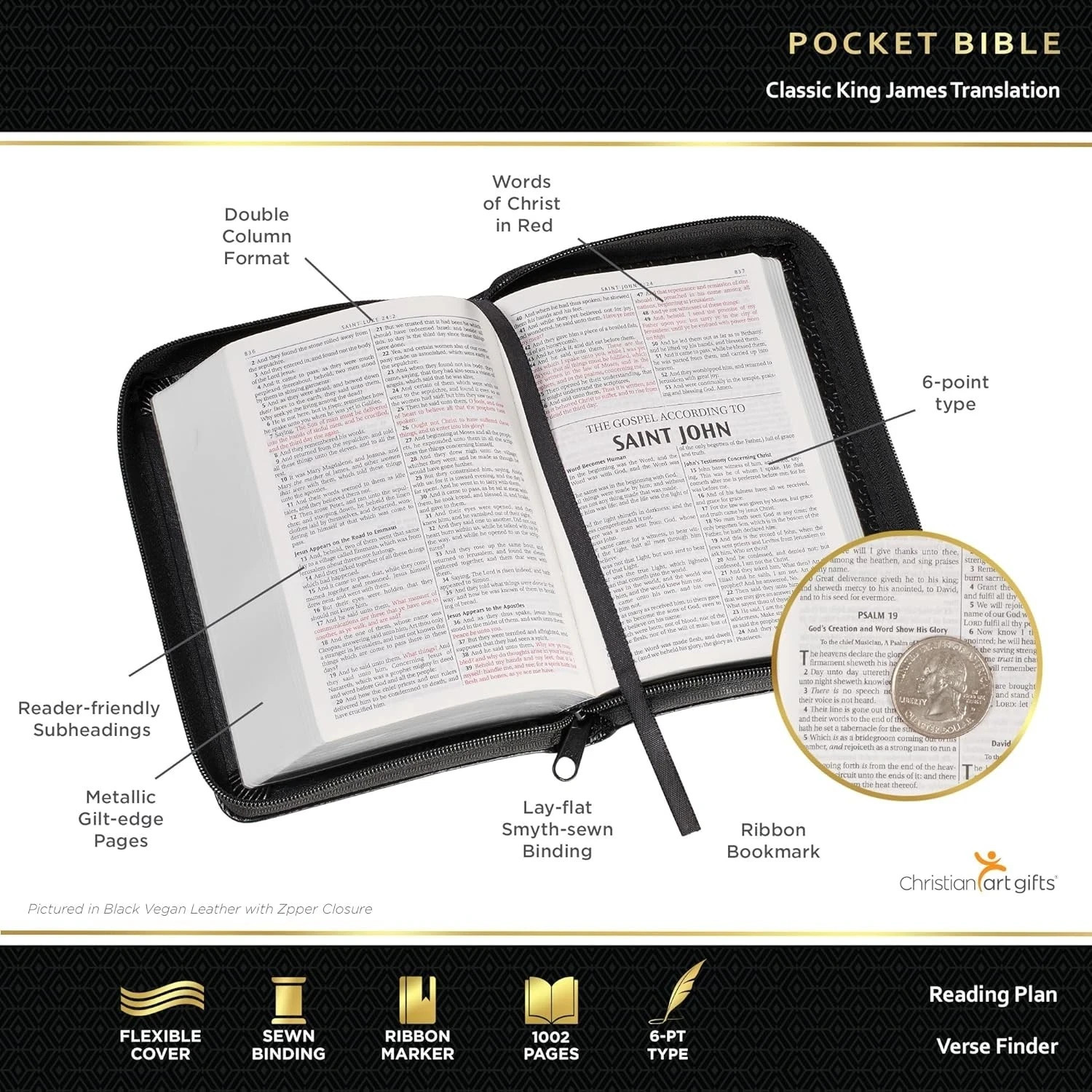 KJV Holy Bible,Mini Pocket Bible–Zippered Black Faux Leather Bible w/Ribbon Ma..
