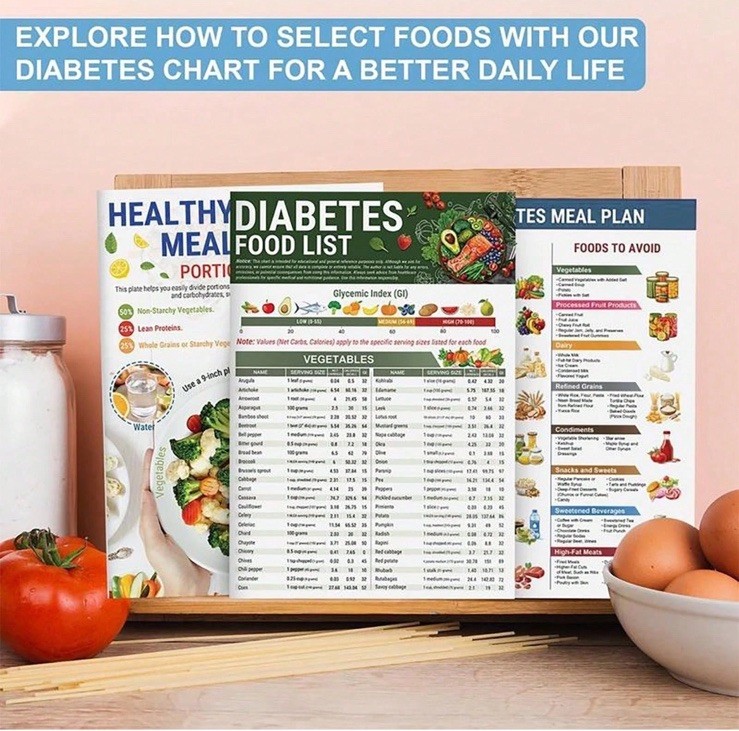 3PCS Diabetes Food List Chart and Meal Planner for Diabetics Type 3 Diabetes Die