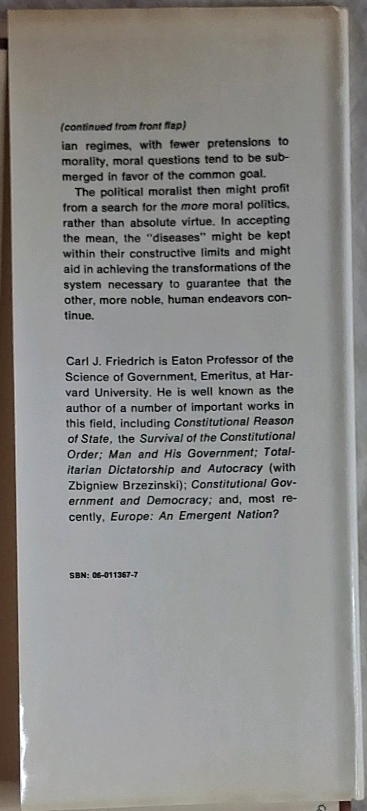 Harper & Row The Pathology of Politics Carl J Friedrich 1st Ed 1972 Hardcover DJ